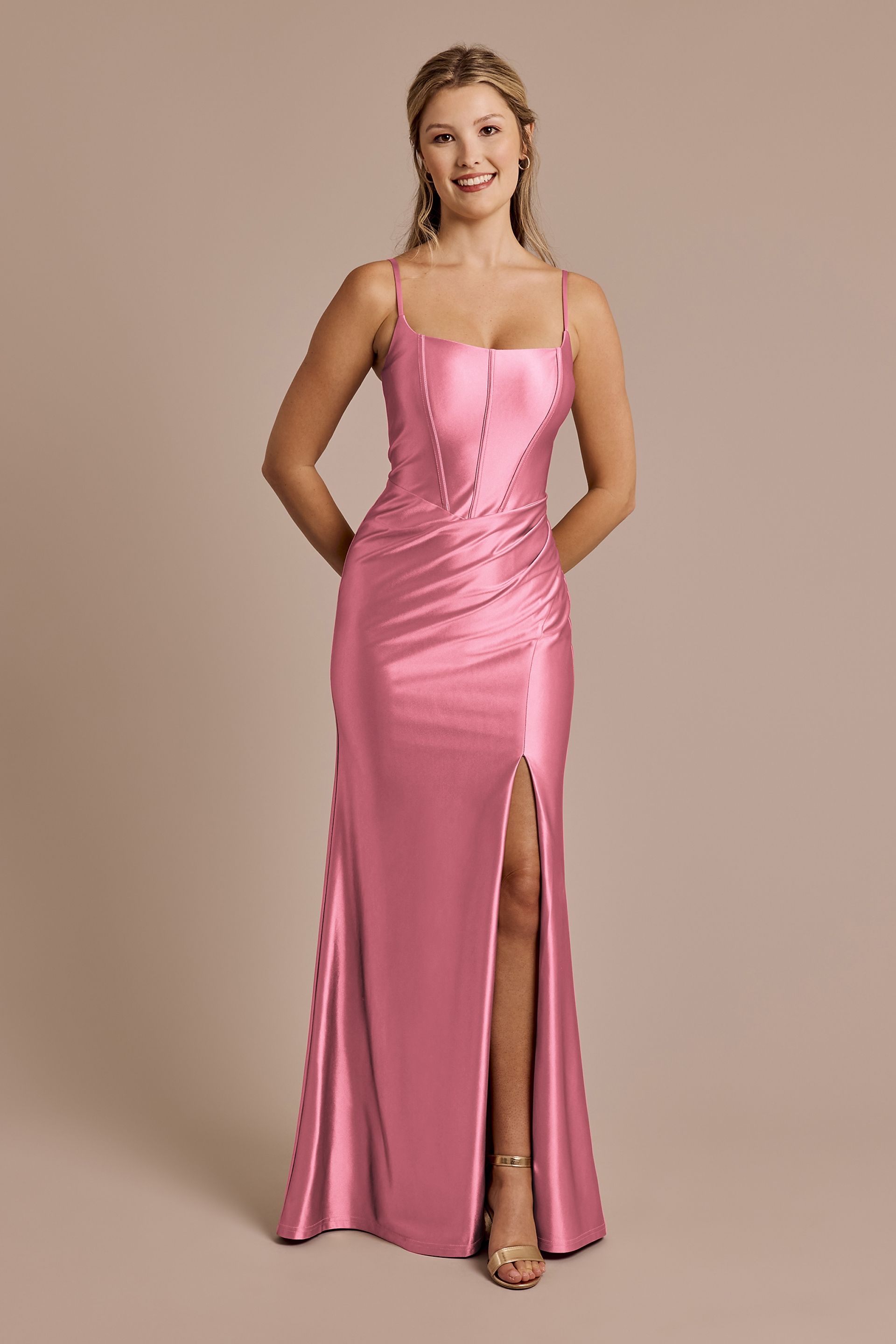 Square Neck Corset Sculpting Satin Dress | David's Bridal